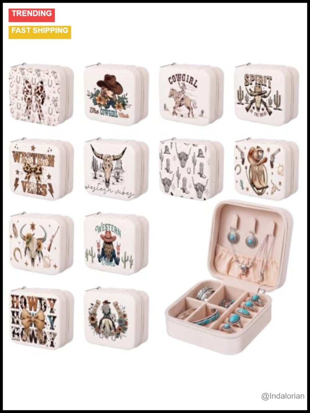 12 Pack Western Cowgirl Jewelry Box Travel Case Leather 4x4 Inch